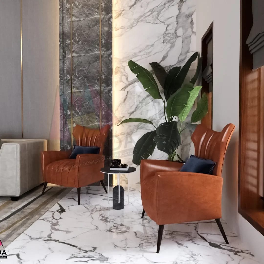 Marble living lounge with cognac leather armchairs
